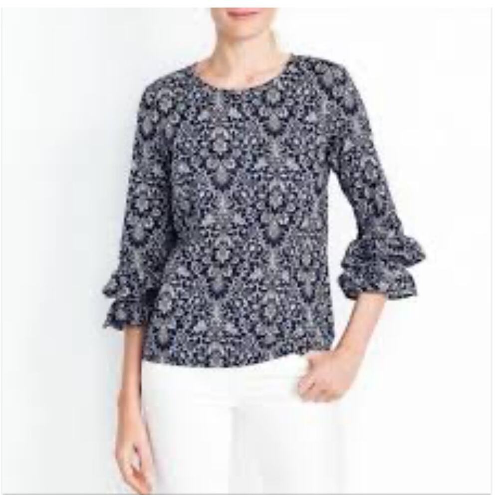 J.crew Women Ruffle Sleeve Top Size 0 Cotton Blue White Classic Work Wear Office